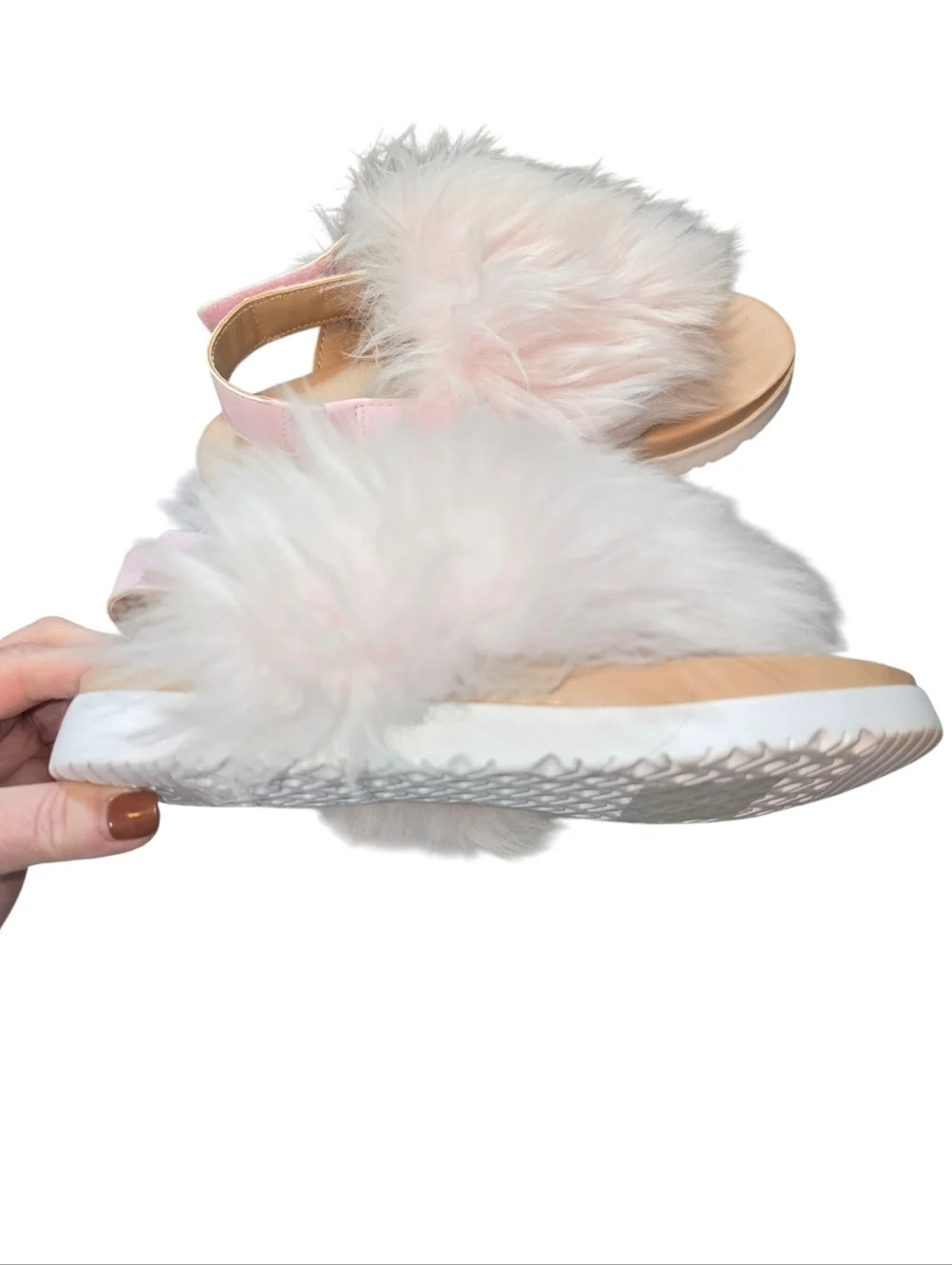 UGG Holly Fluffy Sandals Kids Seashell Pink Sheepskin Velcro Strap NWOT Girls 4